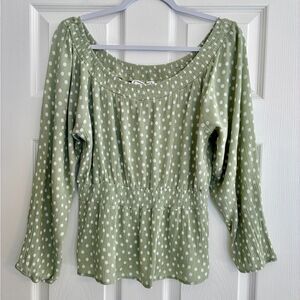 Hippie Rose Top XL Green Polka Dot Peasant  Boho Smocked Babydoll Cottagecore
